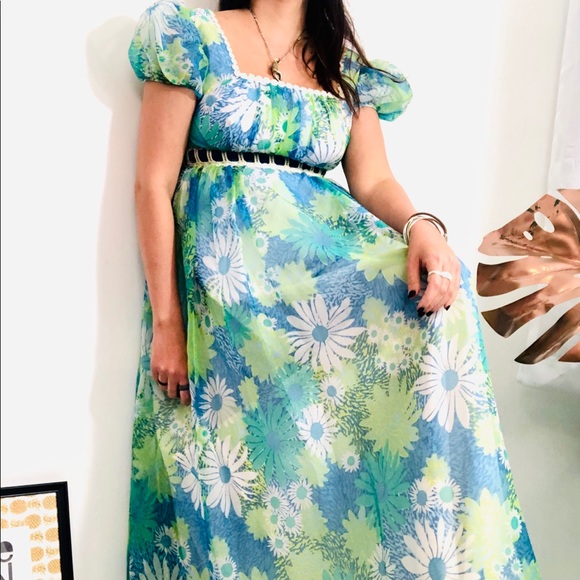 Vintage 1960’s Floral Teal Blue Chiffon Maxi Dress - Picture 3 of 13